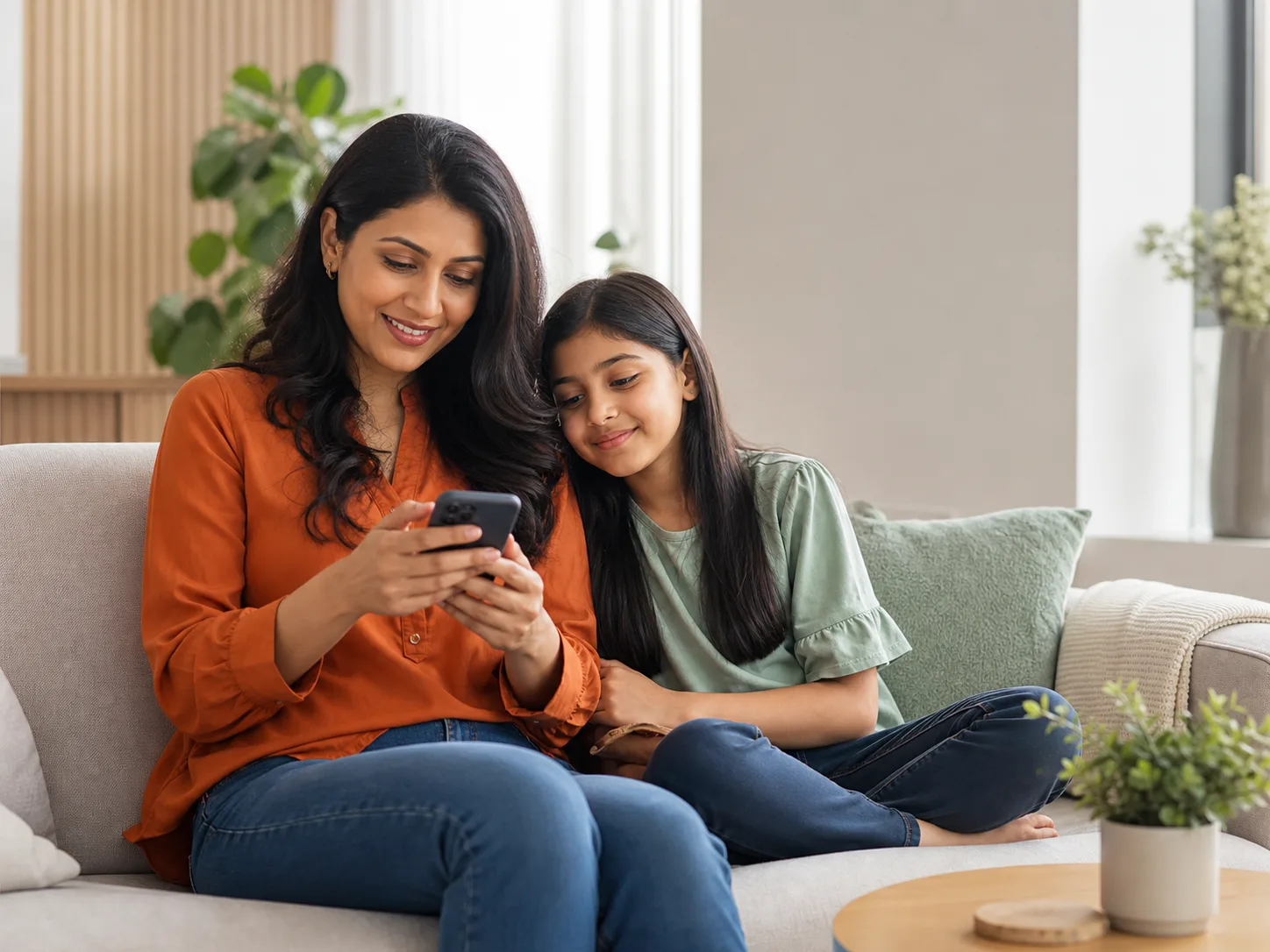 Mother and child comfortably arranging a priority clinic visit from home